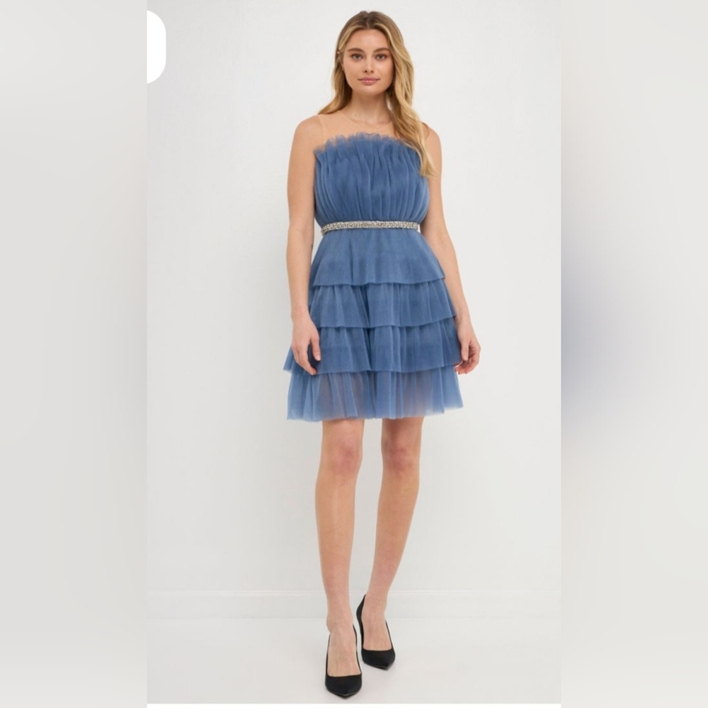 Endless Rose Blue Tulle Tiered Mini Dress With Jeweled Belt SIZE Medium NWT
